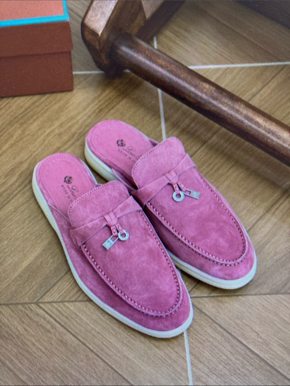 Loro Piana Pink Suede Backless Loafers with Metal Charms